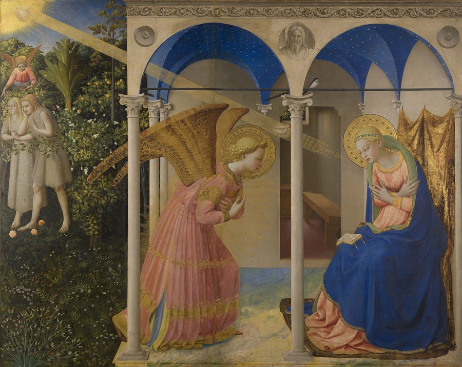 The angel Gabriel kneels before the Virgin Mary beneath the arches of a loggia; a walled garden lies behind them.