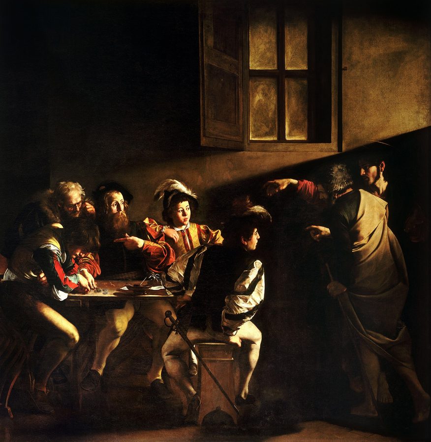 A shaft of light crosses a dim room of tax collectors as Christ points at Matthew, who looks up from the counted money.