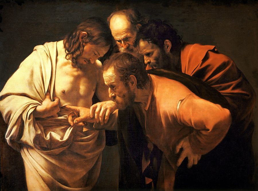 Christ guides Thomas's hand into the wound in his side while two apostles lean in to look.