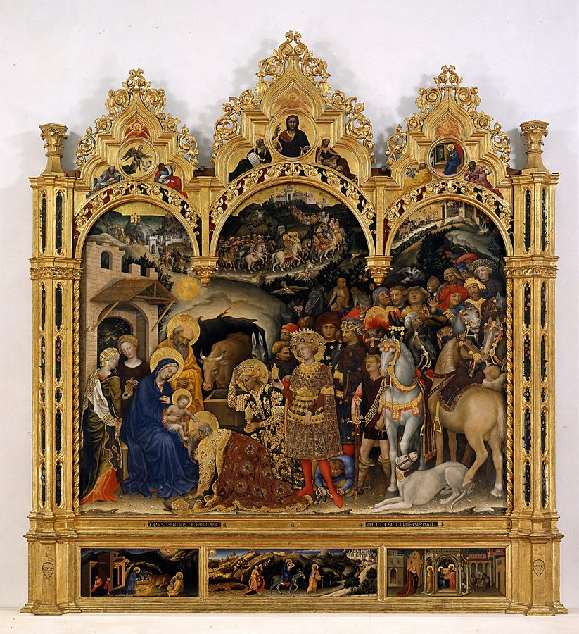 A gilded procession of kings and their retinue arrives before the Virgin and Child, the eldest king kneeling to kiss the Infant's foot.