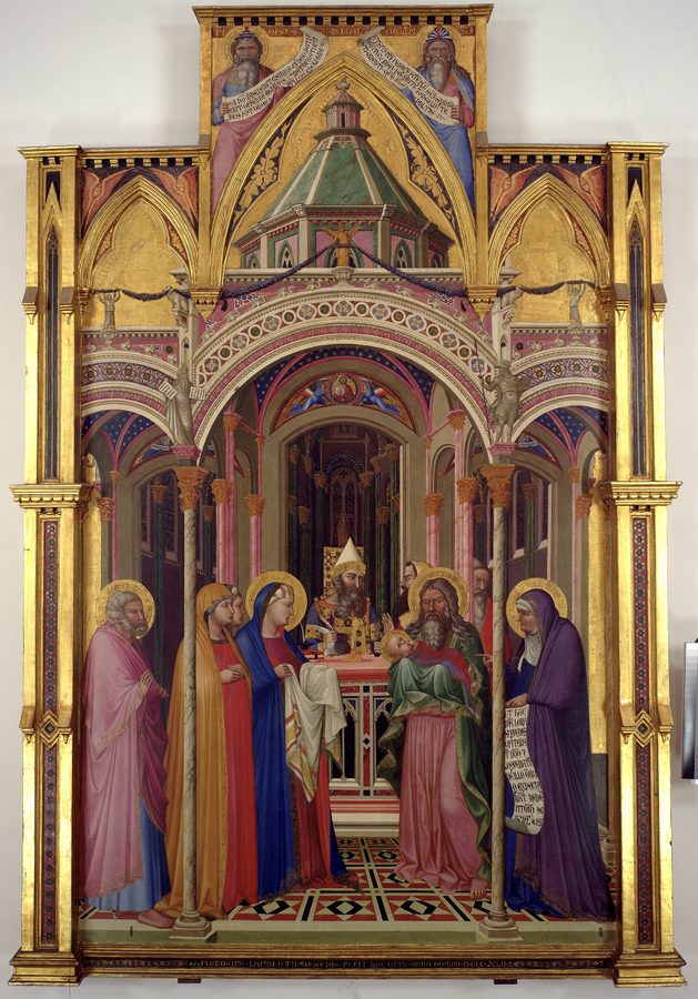Under the vaults of the temple, Simeon takes the Christ Child in his arms as Mary, Joseph and Anna look on.