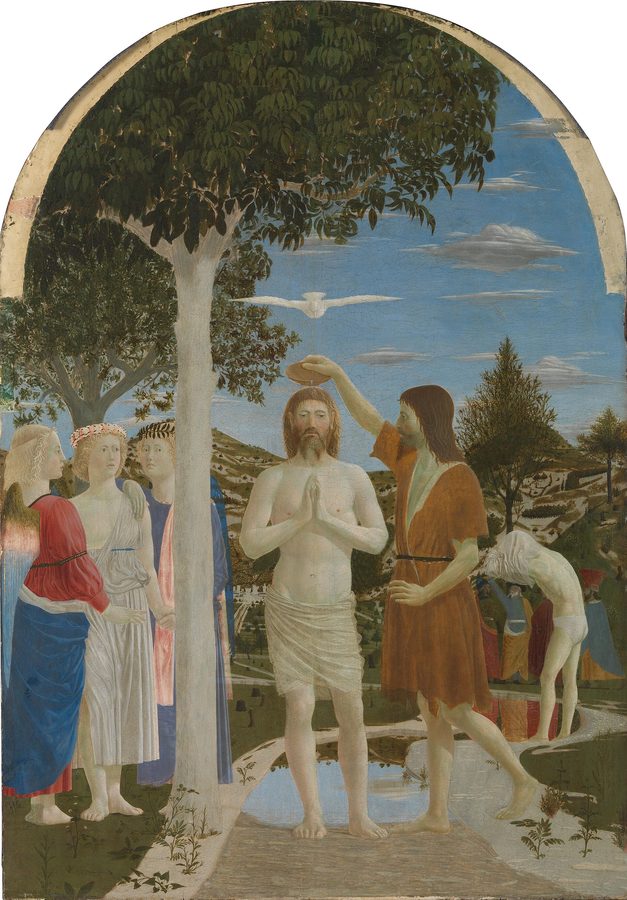 Christ stands in the shallow Jordan as John the Baptist pours water over his head; the dove of the Spirit hovers above, three angels waiting at the left.