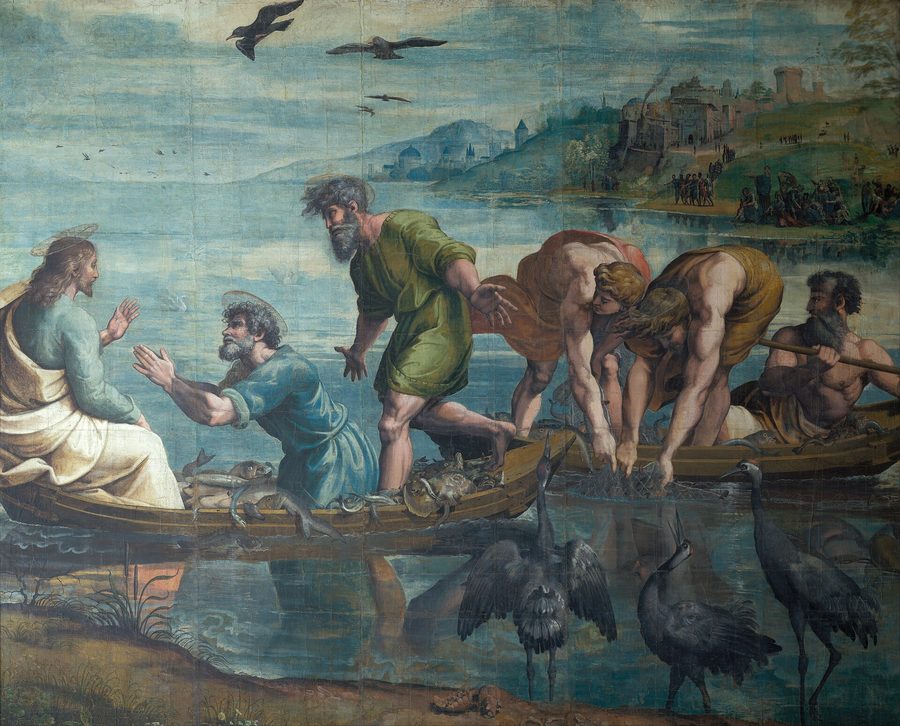 Two low boats sit heavy with fish; Peter falls to his knees before Christ while the others haul the straining nets.