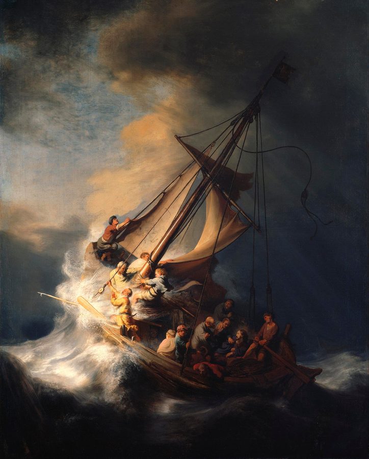 A wave drives the boat's bow up as the disciples fight the rigging and one is sick over the side; Christ sits calm in the stern.