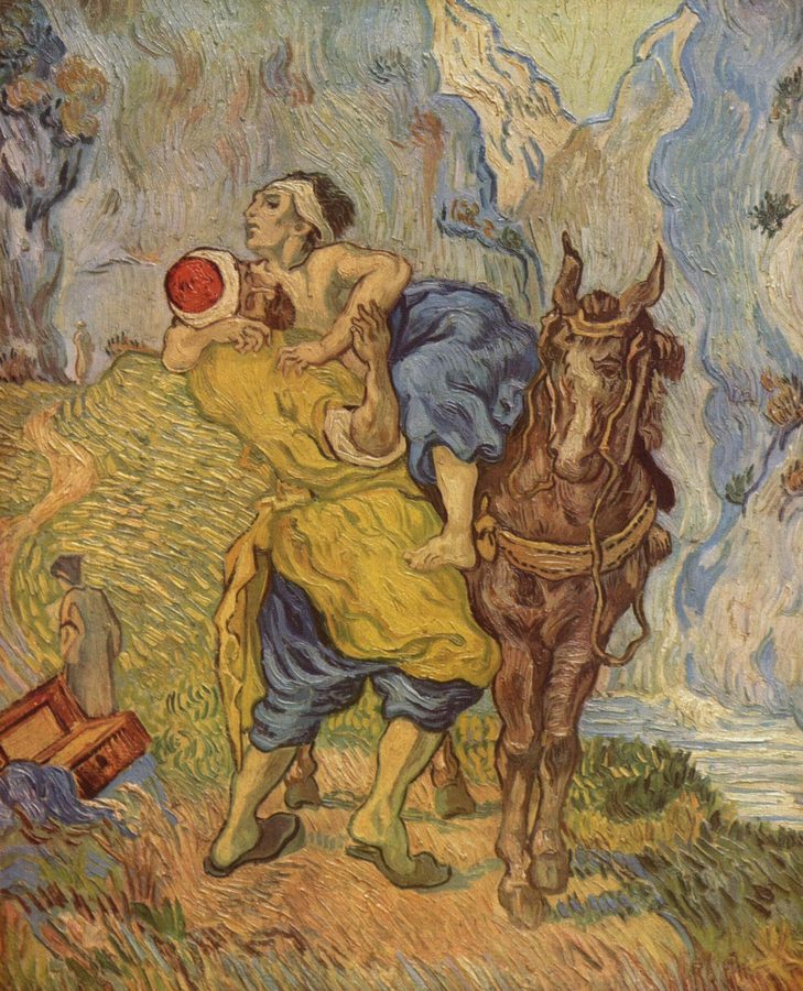 The Samaritan heaves the beaten traveller onto his horse on an empty road; two figures walk away in the distance.