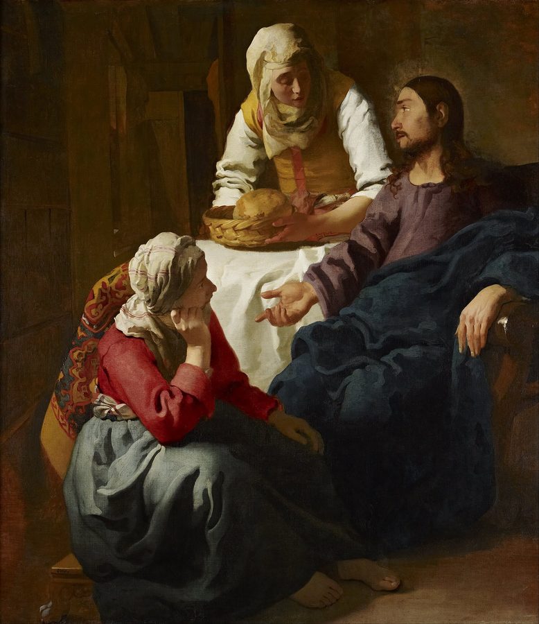 Martha sets bread on the table while Mary sits at Christ's feet and listens; he turns and answers Martha with a raised hand.