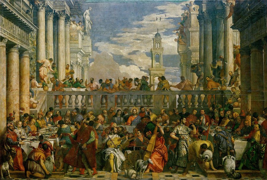 A crowded marriage feast under a colonnade; servants pour from great stone jars while Christ sits still at the centre of the table.